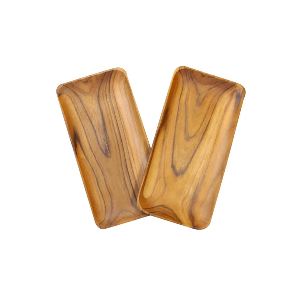 Canbella Serving Platter Teak Wood – Rectangular Serving Tray 5 x 10 inches Party Wooden Platters Wood Tray for Display Fruit Snacks Dessert Appetizer Sushi Food Decorative (Natural Wood 2)