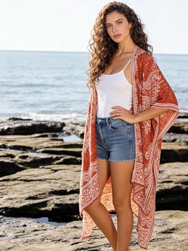 Image of Breezy Lane Women's Kimono Cardigan Summer Swimsuit Coverups Beach Cover Up with Floral Print for Vacation
