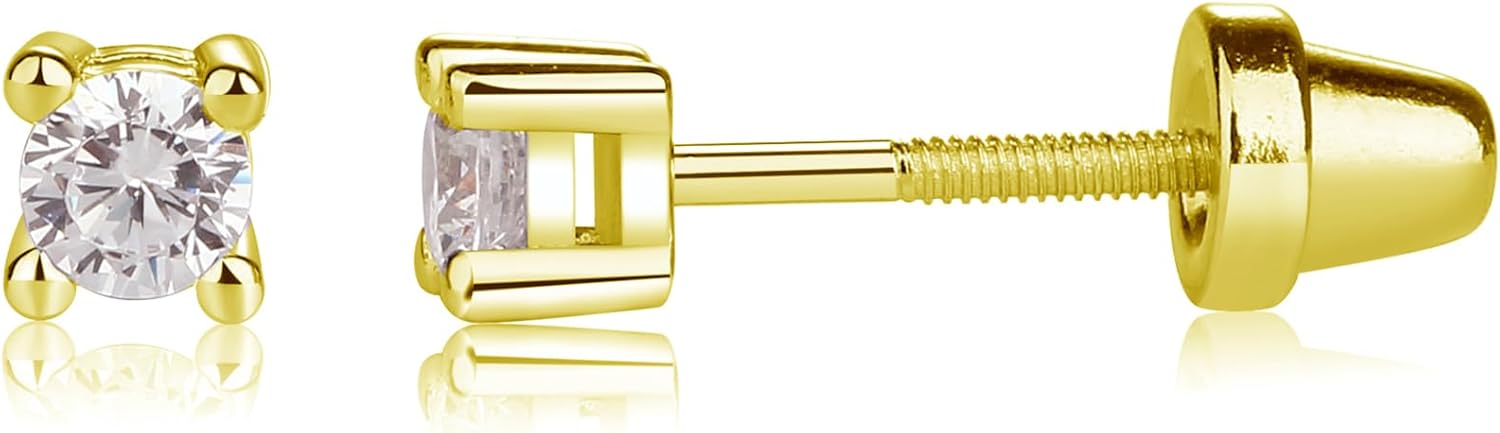 Cherished Moments 14K Gold Plated or .925 Sterling Silver Round CZ Stud Earrings with Screw back