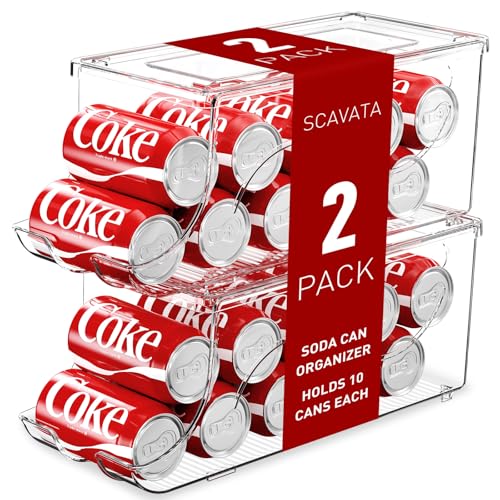 Image of SCAVATA 2 Pack Stackable Refrigerator Organizer, Soda Can Dispenser Pop Cans Container Beverage Holder with Lid for Fridge, Freezer, Kitchen, Clear Plastic Storage Bins-Holds 10 Cans Each (Clear)
