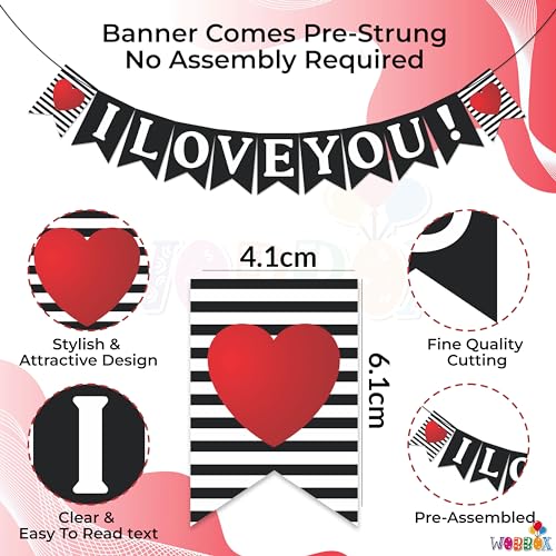 Image of Wobbox White & Black Line Pattern inchI Love You inch Bunting Banner for Anniversary, Pre-Wedding & Wedding, Love Banner for Decoration