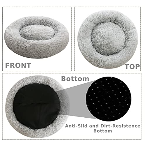 Comlax Beruhigende Donut Hundebetten XXXL, Rundes Kissen mit abnehmbarem waschbarem Bezug, Anti-Angst-Kunstfell-Kuscheltier, Flauschiges, bequemes, pelziges Haustierbett (115cm, Silber)
