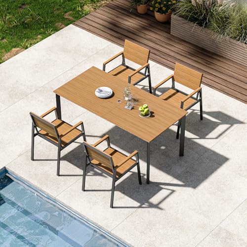 ComfCove Outdoor Dining Set for 4, Aluminum Patio HDPS Outdooor Table and Chairs Set with Umbrella Hole, All Weather Patio Furniture Set, 5 Peice Patio Dining Table Set (Gray & Teak)
