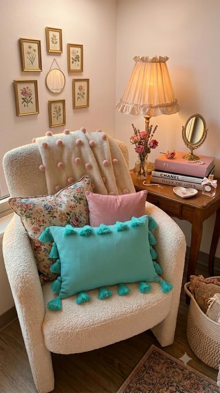 Image of WWW.THROWPILLOW.IN Caribbean Blue Green Big FullerTassels Trim Throw Pillow Cover, Solid Decorative Coastal Chic Accent Pillow for Sofa, Bed, Dorm Room Decor Rectangular Cushion 12x20 Inches