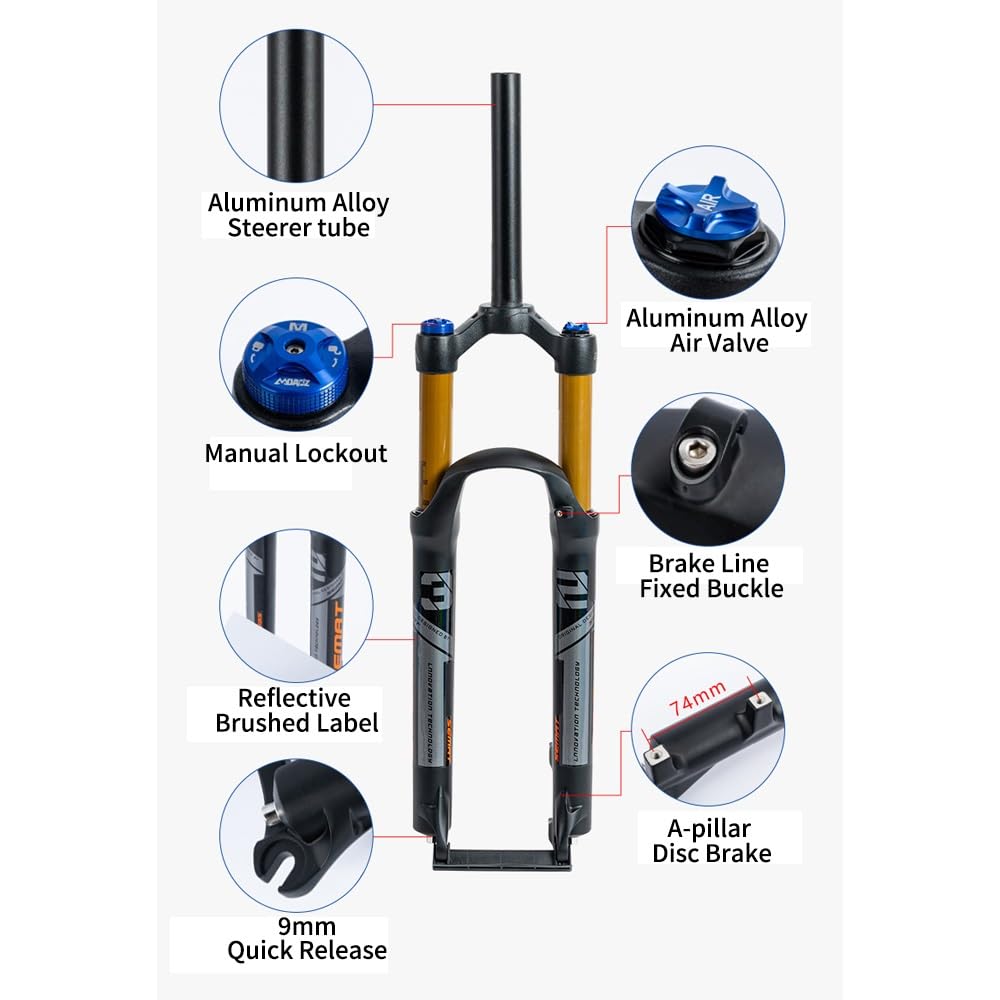 Mountainbike-Federgabel 26/27,5/29 Zoll, 1 1/8" Federweg, 120 mm Luftfederung, Scheibenbremsaufnahme, 9 x 100 mm Schnellspanner, manueller Lockout (Schwarz, 26 Zoll)