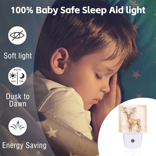 Image of Winter Christmas Deer Night Light for Kids,Deer Horns Decorated with Fir Branches and Lights Night Light Plug in with Dusk to Dawn Sensor,0.5w Energy Saving Nightlight for Hallway Stairway Bedroom