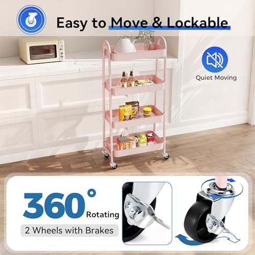 NEWBULIG-4-Tier-Metal-Rolling-Storage-Utility-Cart-with-Lockable-Wheels-Mobile-Organizer-Shelf-Space-Saving-Freestanding-Bathroom-Living-Room-Slim-Narrow-Corner-Spaces-Pink