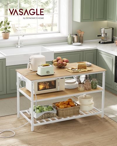 Image of VASAGLE Kitchen Island with 3 Shelves, Kitchen Shelf with Power Strip, 23.6 x 47.2 x 34.9 Inches, Large Worktop, Steel Structure, Industrial, Easy to Assemble, Oak Color and White UKKI101Y01