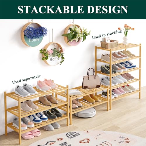 Image of Smiry Bamboo Shoe Rack, 5 Horizontal Slats, 3 Tier - 26.8 inch Wide, Natural