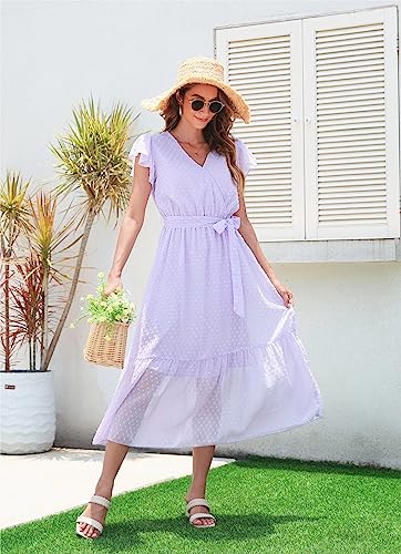 Image of VintageClothing Womens Sundress Casual Floral Summer Boho Dress | Flowy Wrap V Neck Ruffle A-Line Pleated Hem Midi Dresses