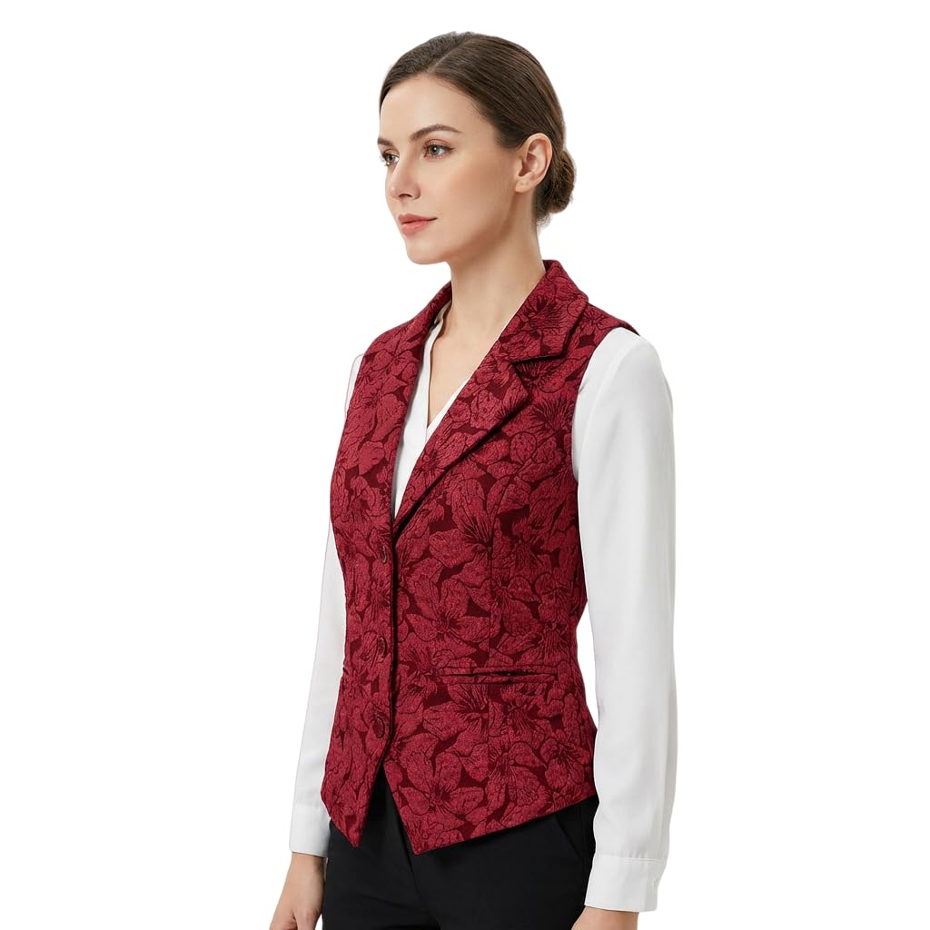 Womens Sleeveless Jacquard Blazer Vest Vintage Floral Print Button Down Waistcoat Elegant Brown Vest for Layering