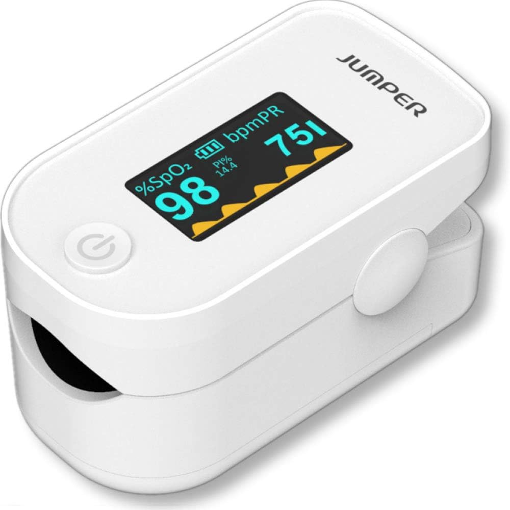 Finger Pulse Oximeter Digital Blood Oxygen and Pulse Sensor Meter with Alarm, SPO2, for Adults, Children, Sports Use - Jumper White OLED