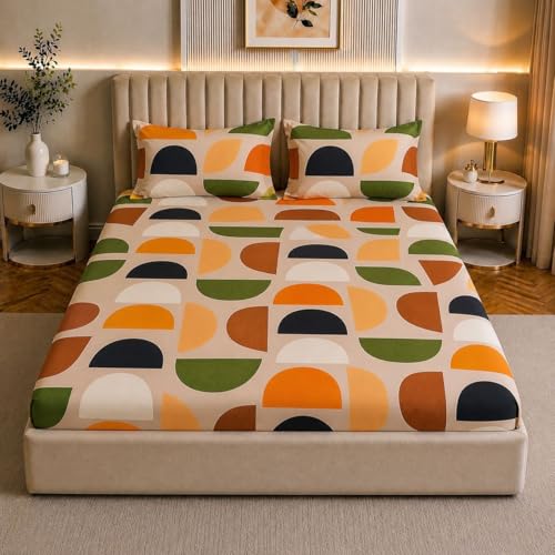 Image of Castiqa Elastic Fitted Supersoft Premium Brushed Cotton 200TC Double Bedsheets King Size 78x72 Inch with 2 Pillow Covers (Fits Upto Mattress of 10 Inches) (Orange)