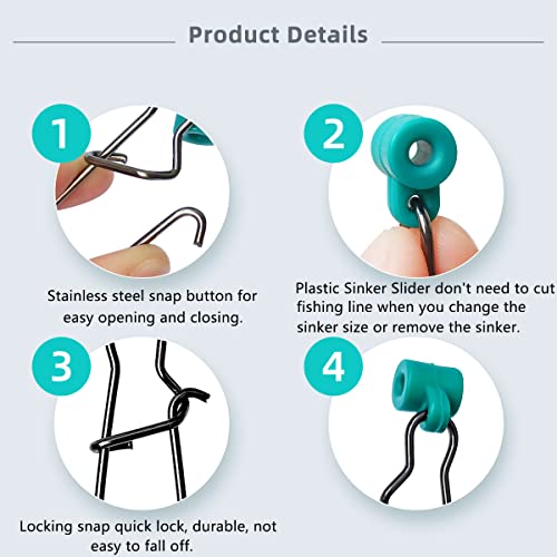 40Pcs Stainless Steel Fishing Line Sinker Slides Catfishing Rig With Duo Lock Snaps Heavy Duty Sinker Slider Swivel Snap Kit For Fishing Tackle (Green) #TOP2