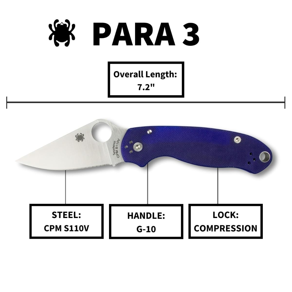 Spyderco Para 3 Folding Pocket Knife with 2" CPM S110V Steel Blade and G-10 Handle - EDC Knife for Men and Women, Perfect for Hunting, Tactical, Camping, Survival, Hiking - PlainEdge - C223GPDBL