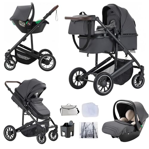 Lnhcrbs Carrito Bebe 3 en 1, Gris- Conjunto de Silla de Paseo & Silla de Coche, Silla de Paseo Reversible con asa Ajustable, Cubrepies, Almohadillas de Algodón Espesas