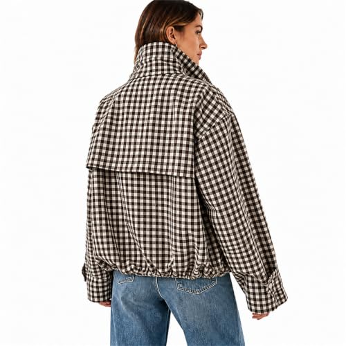 Womens Zip Up Jacket Funnel Neck Gingham Pullover Cropped Jacket - image 2