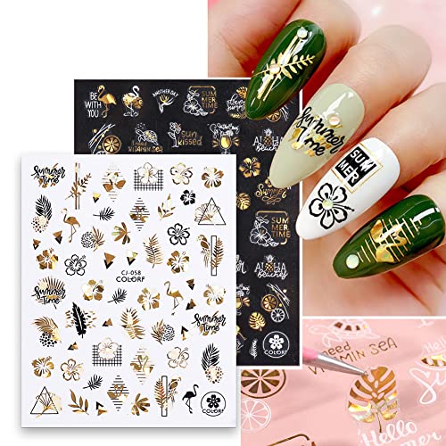 Gold Nail Art Stickers - 9 Sheets Summer Nail Stickers For Nail Art - Luxury Laser Summer Beach Nail Art Supplies Palms Leaves Coconut Trees Ocean Animals Mermaid Nail Decals For Acrylic Nails Decor #TOP2