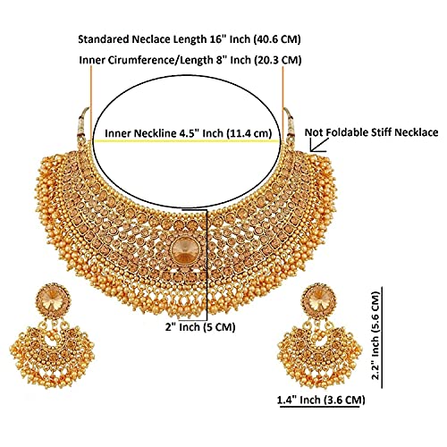 Efulgenz Indian Bollywood Traditional Crystal Pearl Wedding Choker Necklace Earrings Maang Tikka Jewelry Set (Style1 Gold) #TOP4
