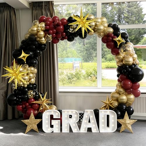 Image of Black Burgundy Gold Balloons Arch Kit, Maroon Black Gold Balloons Arch Garland, 98Pcs Black Red Metallic Gold Balloons with Stars Balloon for Birthdays Retirement Graduation Celebrations Class of 2025