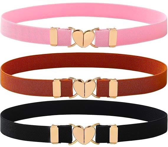 3 Piece Set, Girls Stretch Belt - Adjustable Heart Buckle Stretch Belt for Boys and Girls