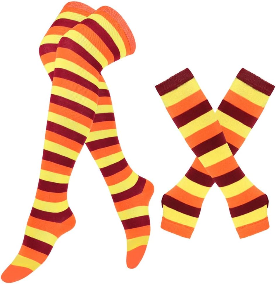 SherryDC Womens Girls Cosplay Rainbow Striped Knee High Socks Leg Arm Warmer Fingerless Gloves Set - Image 2