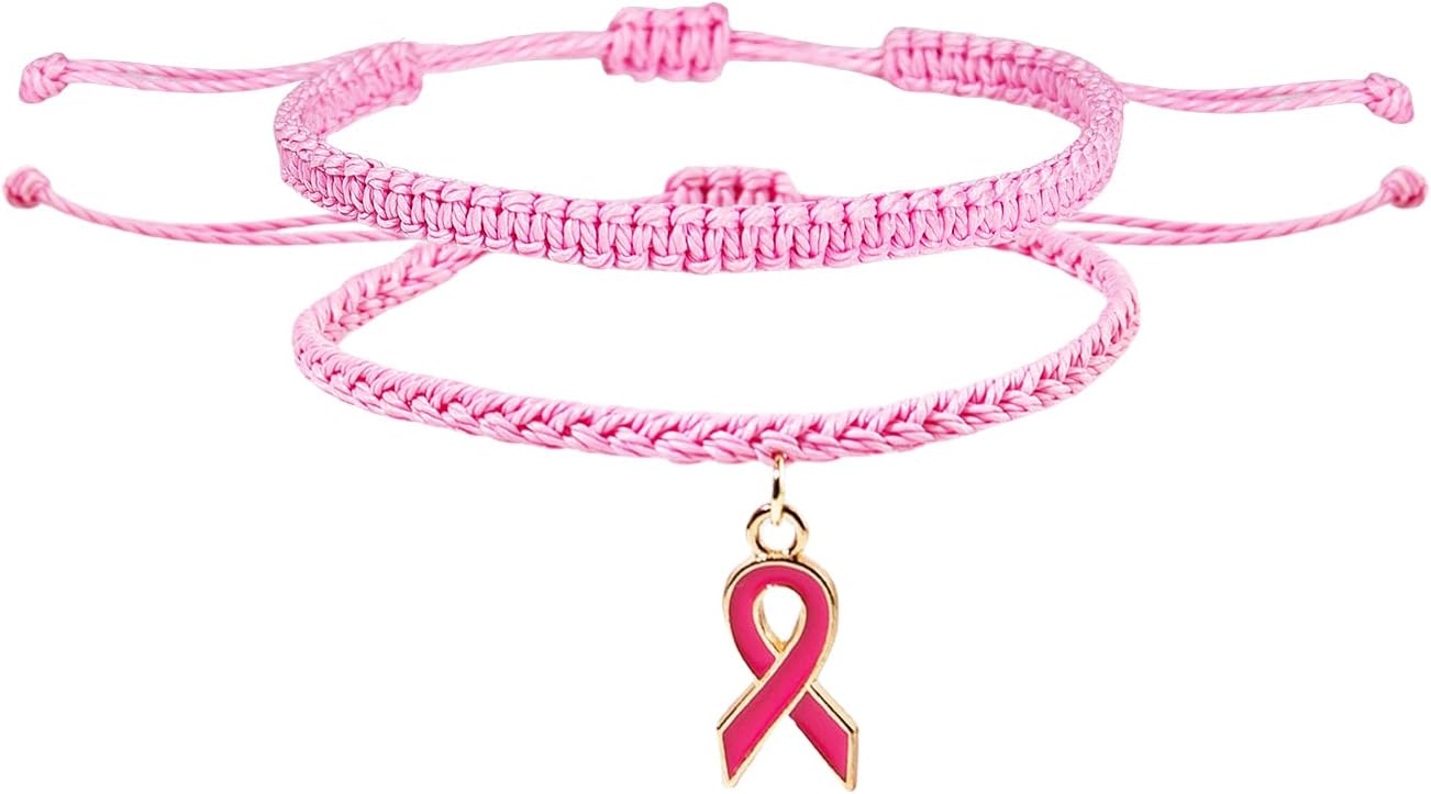 xuzhiyuan Handwoven Pink Ribbon Breast Cancer Morse Code Pink Quartz Stone Beads Awareness Bracelets Multilayer Braided Rope Cord Thread for Women Girls Infinity Love Inspirational Jewelry