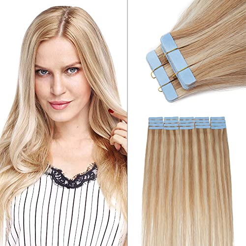 SEGO Tape In Hair Extensions Human Hair Glue In Real Extensions Skin Weft Remy Human Hair Extensions Straight Invisible Seamless Double Side Tape 40 Pieces Golden Brown&Bleach Blonde 24inch (100gram)