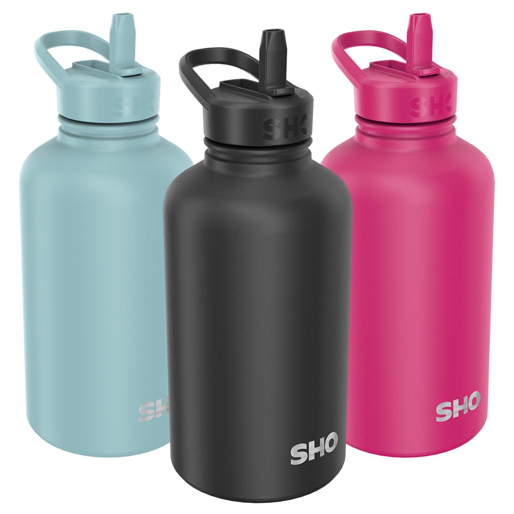 SHO Guzzler - Botella de agua con tapa con pajita, a prueba de fugas, apta para lavavajillas, sin BPA, sin sudor, termo de metal de doble pared aislada al vacío, 950 ml y 1900 ml, 24 horas de frío