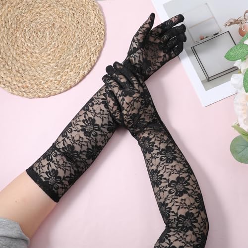 2 Pcs Lace Gloves, Long Black Gloves, Elegant Women's Elbow Long Lace Glove, Portable Exquisite Length Lacy Glove with Floral for Women Formal Costume Dinner Wedding Dancing Cocktail Party Opera3