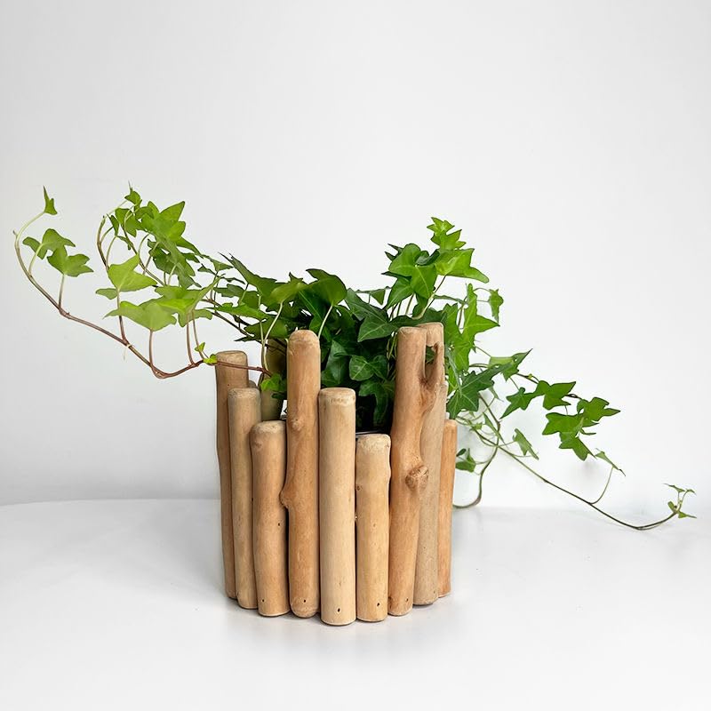 RISEON Natural Handmade Rustic Wooden Flower Pot, Driftwood Flower Pot Planter Flower Planter Plant Vase Container Flower Arrangement Holder with Removable Glass for Outdoor Indoor Home Decor (B)