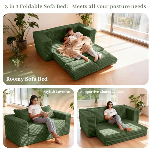 Image of HABUTWAY 62 inch Small Boneless Couch,3-in-1 Convertible Folding Sofa Bed, Corduroy Loveseat Sofa Bed w /2 Pillows for Living Room /Guest Room No Assembly Required, Green