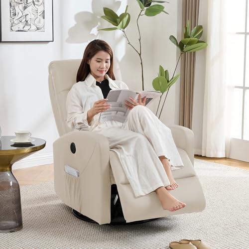 IKIFLY 電動リクライニングチェア1人掛け リクライニングソファ USBポート付き リクライニング ファブリック オットマン一体型 パーソナルチェアー 電動ソファ モーションソファー 耐圧分散 人暮らし 165度無段階調節 270° 回転 揺ら揺ら 皮革 お手入れ簡単 耐荷重150kg (アイボリー)