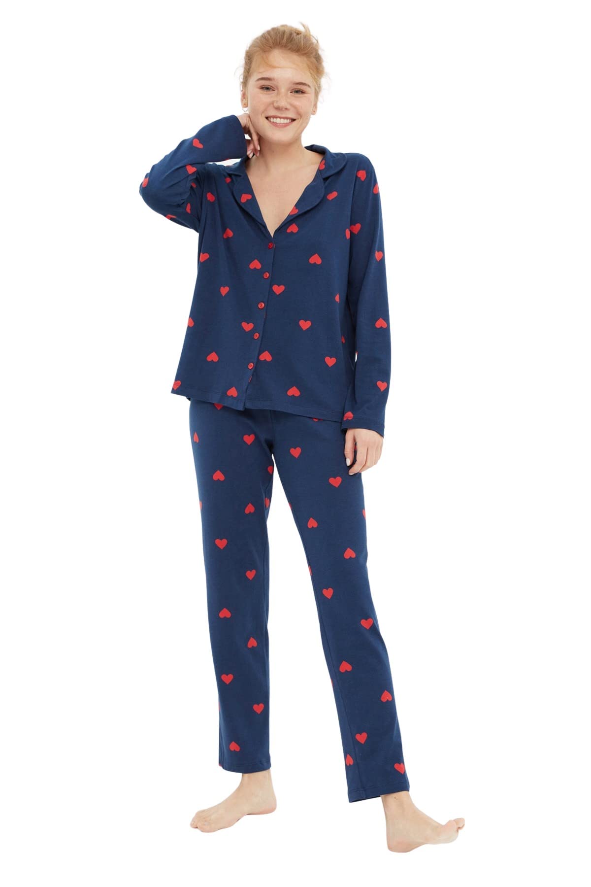 Trendyol Mujer Azul Marino Conjunto De Pijama Tejido De Corazón Para Juego, M