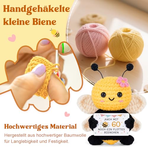 Gleevara 60 Geburtstag Frau - Handgehäkelte Bienenfigur mit Energiekarte, Geschenk zum 60 Geburtstag für Mama Oma, Geburtstagsgeschenke für Beste Freundin Kollegen