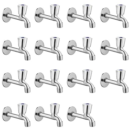 Spazio Stainless Steel Crown Collection Long Body Taps (Pack of 15) Bathroom/Kitchen Taps Foam Flow Water with Wall Flange Chrome Plated Brass Disc, Bib Tap Faucet (Wall Mount Installation Type)