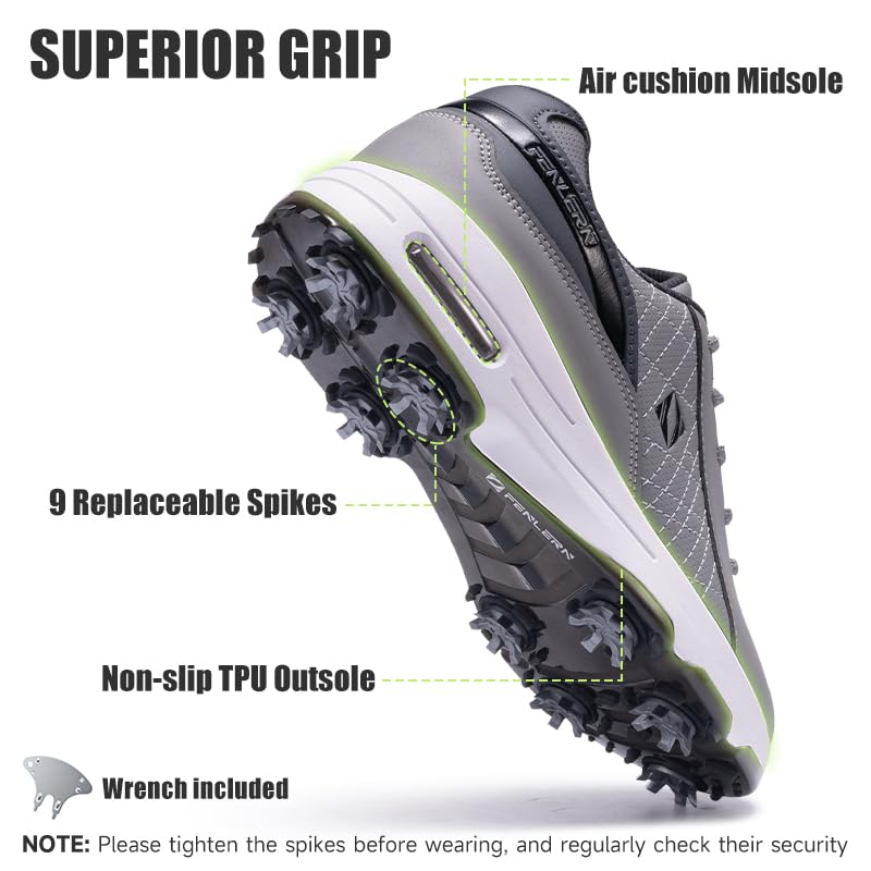 FENLERN Golf Shoes Men, Spiked, Waterproof Leather Upper, Cushioning F0062