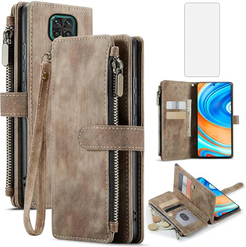 Coque Xiaomi Redmi Note 9 Pro portefeuille en cuir marron Asuwish avec porte-carte et chaîne