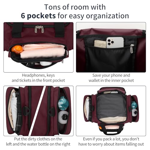 Image of 17 inch Small Duffle Bag, Burgundy | 25L, Multi Pockets, Carry On, Weekender Bag, Travel Gym Sport