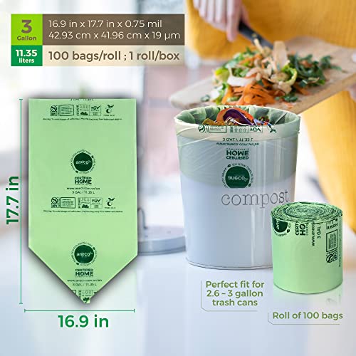 ANECO 100% Compostable Food Waste Bags 3 Gallon, 100 Count, Extra Thick Compost Bags for Countertop Bin, Small Compost Bag, Food Waste Bags with TUV OK Compost Home and BPI certified