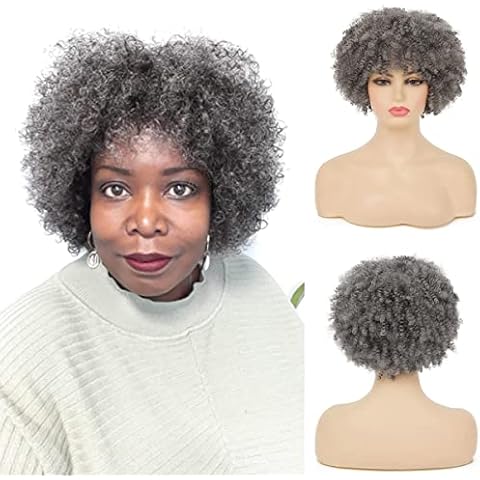 Baruisi Short Curly Afro Wigs for Women Grey Kinky Curls Synthetic Costume Cosplay Hair Wig (Mixed Grey) Cover