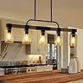 Farmhouse Dining Room Light Fixture ?Rustic Ceiling Pendant Light Fixtures?5-Light Wood Kitchen Island Lighting/Chandelier Over Table,Hanging for Linear Chandeliers,with Clear Glass lampshade