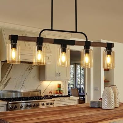 Farmhouse Dining Room Light Fixture ?Rustic Ceiling Pendant Light Fixtures?5-Light Wood Kitchen Island Lighting/Chandelier Over Table,Hanging for Linear Chandeliers,with Clear Glass lampshade