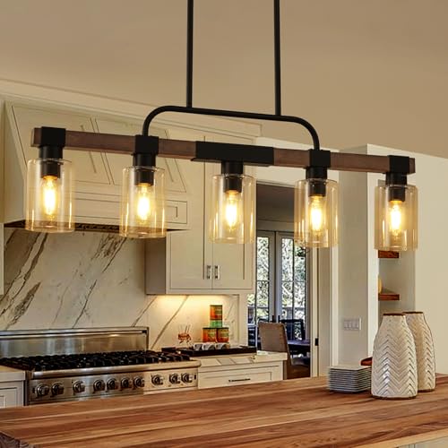 Farmhouse Dining Room Light Fixture Rustic Ceiling Pendant Light Fixtures5 Light Wood Kitchen Island LightingChandelier Over TableHanging for Linear Chandelierswith Clear Glass lampshade