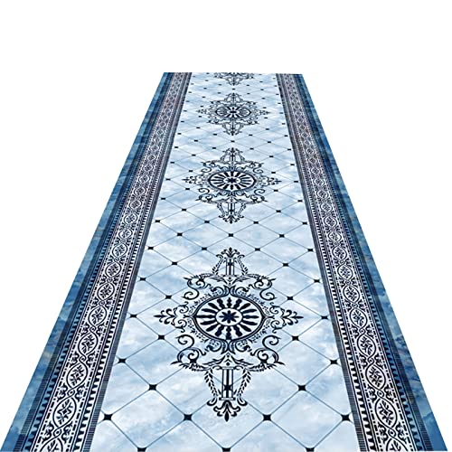 Contemporary Blue Runner Rugs for Hallway, Non Skid Washable Carpet Runners with Rubber Backing, 10ft/12ft/16ft/17ft/18ft/20ft Long ( Size : 60x520cm(2x17ft) )