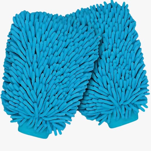 Image of Btag Double Sided Microfibre Wash Mitt Cleaning Gloves (2 Pcs, 2400 GSM, Size 26 X 19 Cm, Extra Large, Super Absorbent, Big Chenille Mitt Glove) (Sky Blue)