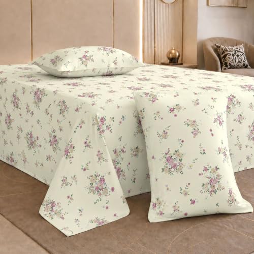 Image of Jaipur Weaves Cotton Percale King Size Bedsheet 108x108 Super King, 100% Pure Cotton Bed Sheet with 2 Pillow Covers, 300 TC Soft Breathable Floral Design Bedding (Floral Pink, Super King)