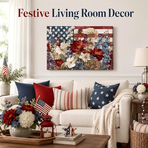 Image of Patriotic Floral American Flag Framed Canvas Wall Art, 4th of July Wildflower Pictures, Independence Day Canvas Prints for Living Room, Bedroom, Kitchen, Farmhouse, Home Wall Decor
