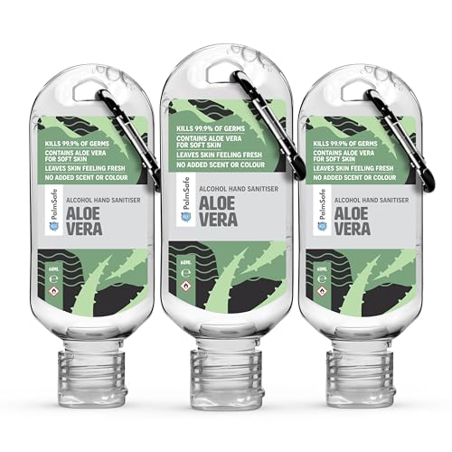 Palm Safe Aloe Vera 3 Pack 60ml Anti Bacterial Premium Hand Sanitiser Travel Size Refillable Clip Bottle Quick Drying Non Sticky Extra Moisturising Kills 99.9% of Viruses and Bacteria