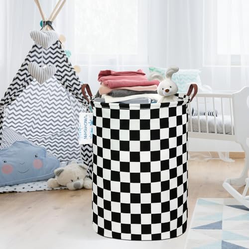 Image of Round Laundry Basket Collapsible Boys Nursery Hamper Organizer Racing Flag | Waterproof Canvas Foldable Storage Bin Car Toy Bins Gift Baskets Bedroom Clothes for Home Play Bedroom Gift
